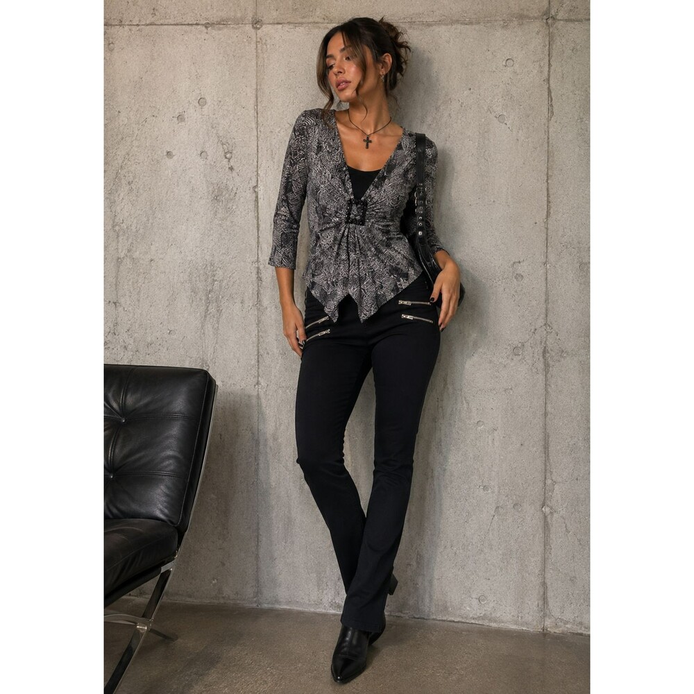 Y2K Black Gray Abstract Print Buckle Top 3/4 Sleeve Layered Mesh Goth Grunge